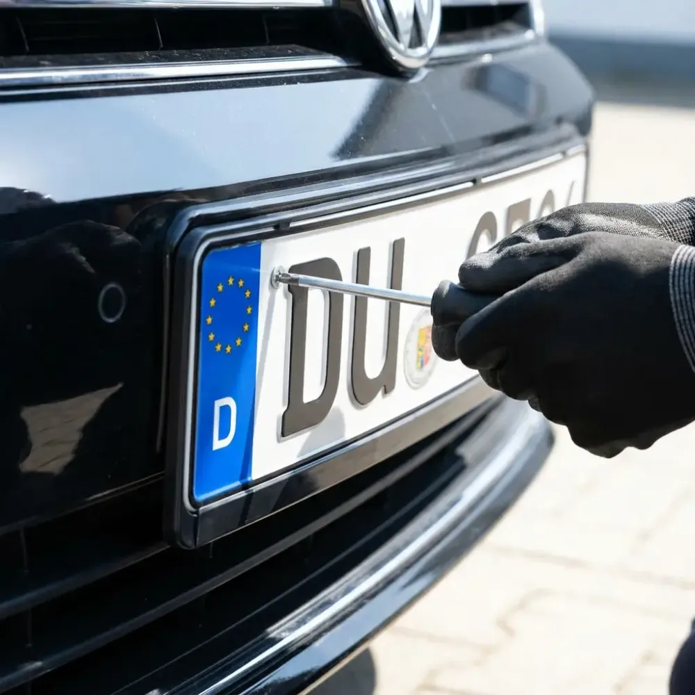 Neues DU-Kennzeichen wird am Fahrzeug montiert